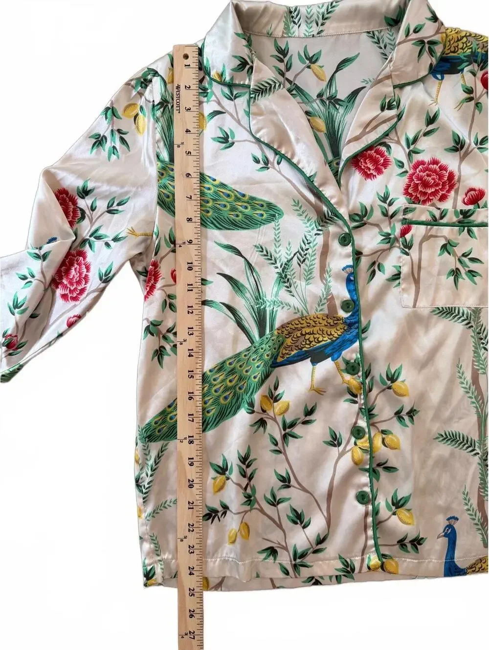 Two Piece Pajama Set Peacock Floral Lemon Print Satin Feel Elevated Sleepwear M